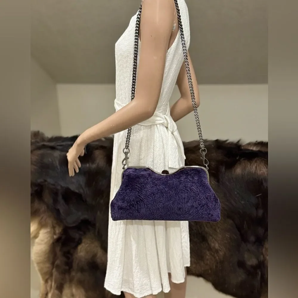 Purple Handmade Real Shearling leather Push Lock Shoulder Bag/Crossbody